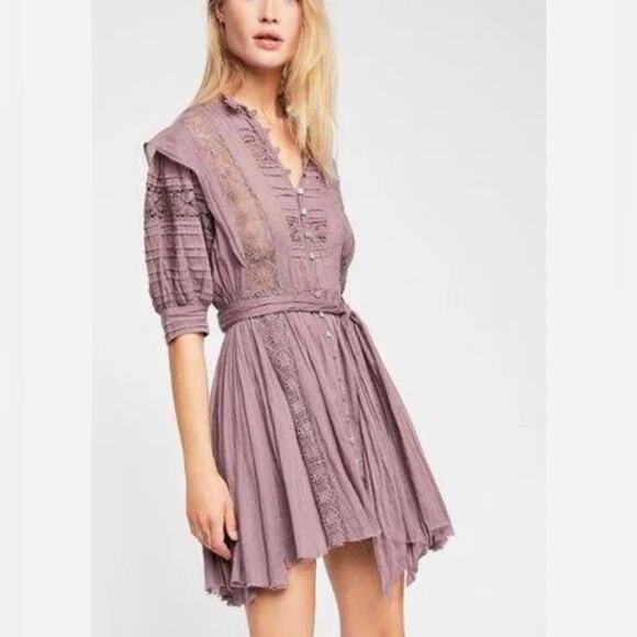 Free People Dresses & Skirts - Free People Sydney Plum Lace  Pintuck raw hem boho tie waist Dress Size Small